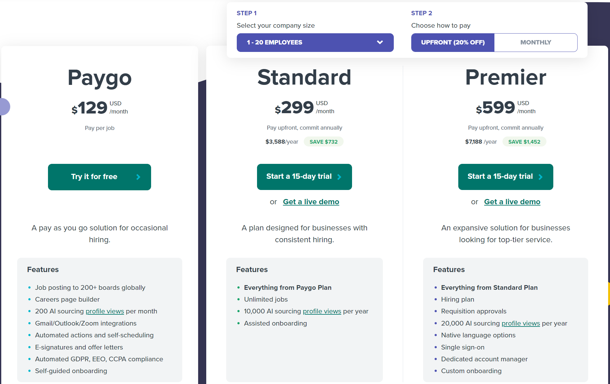 A screenshot comparing Workable’s pricing plans